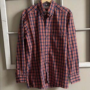 Marvelis Men's Orange and Blue Plaid Button-Down Shirt